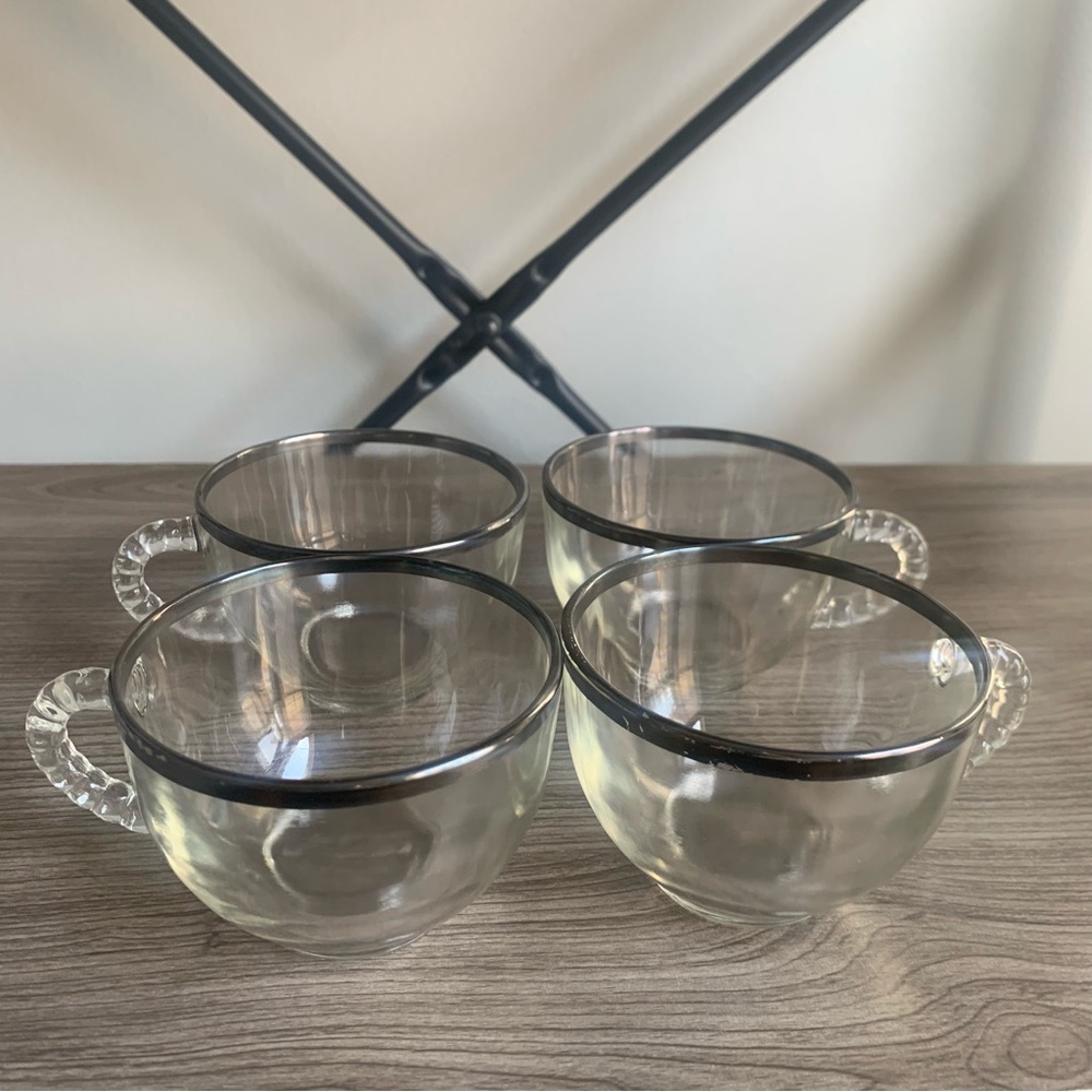 Vintage Glass Punch Glasses w/Bubble Handle Silver Color Rim Set of 4